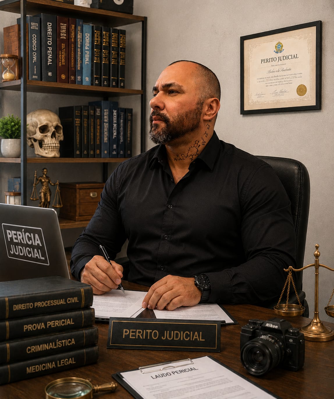 Retrato do perito judicial em seu escritório, com livros de direito processual e prova pericial