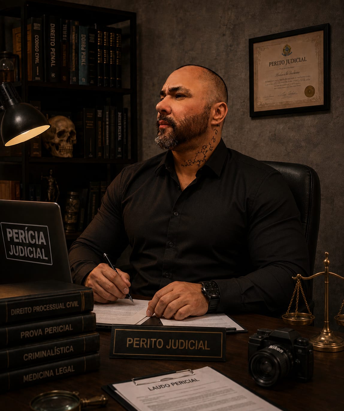 Perito judicial em seu escritório analisando um laudo pericial
